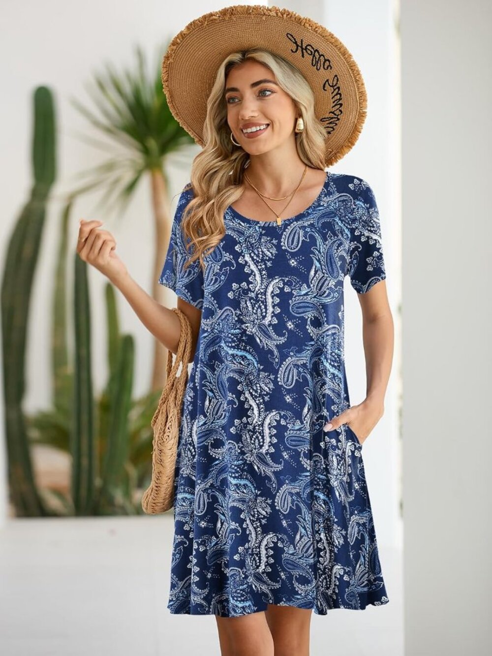 Women's Flower Casual Loose Swing Tunic Short Sleeve Sun Mini Shirt Dress - Picture 3 of 6